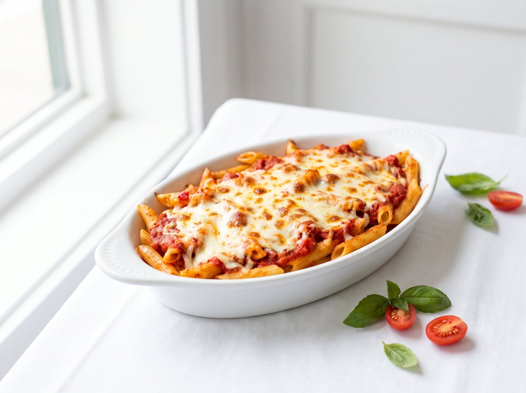 Baked ziti under browned mozzarella in a white baking dish
