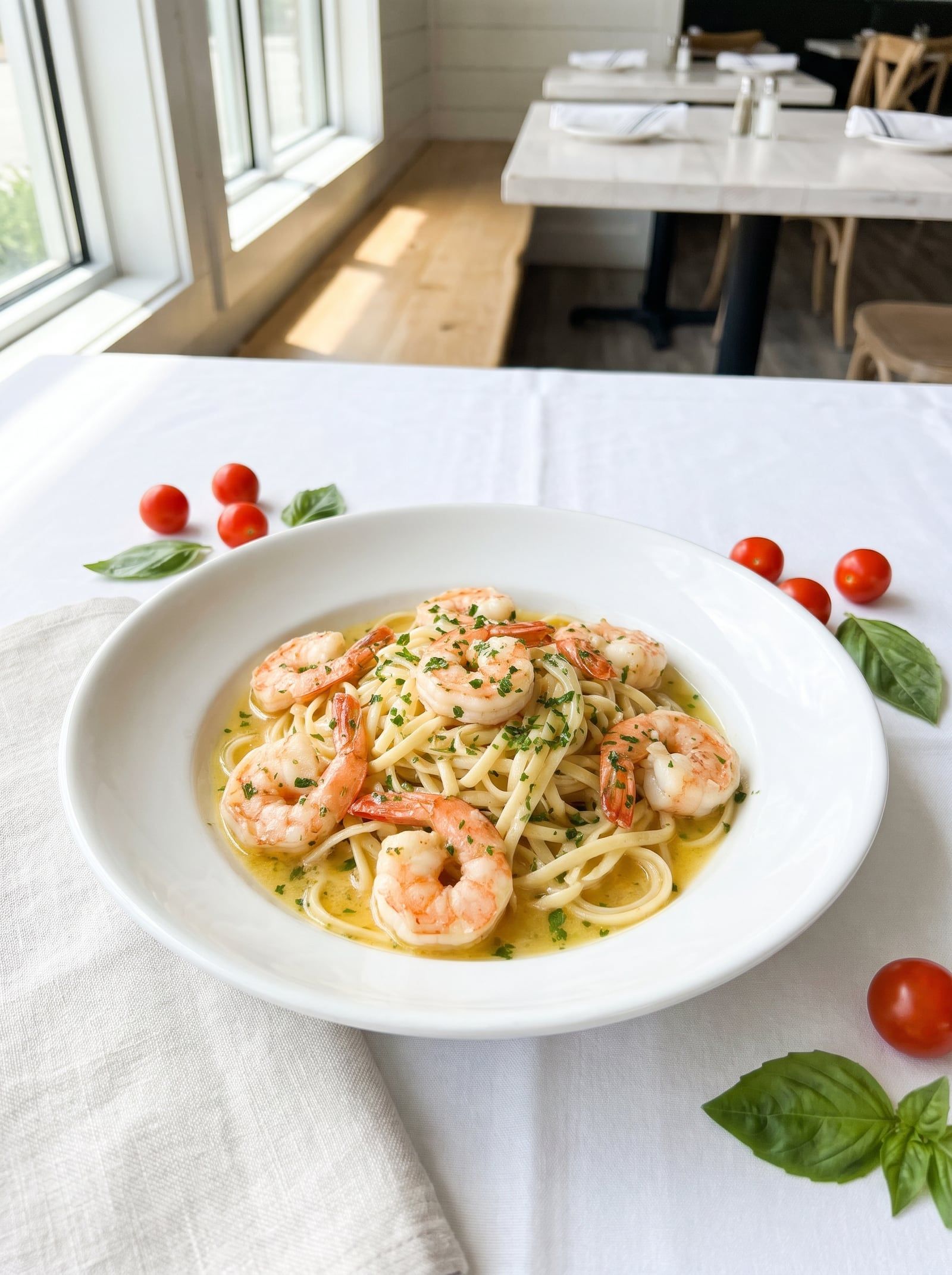 Shrimp in garlic butter over linguine