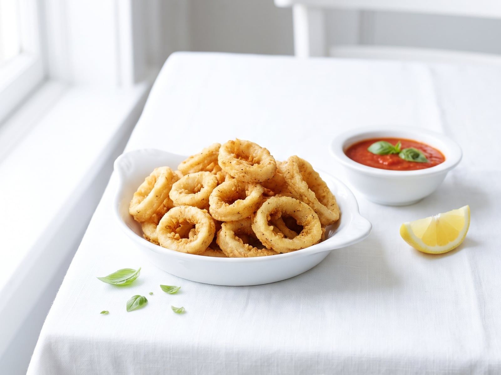 Fried calamari rings with a small dish of marinara and a lemon wedge